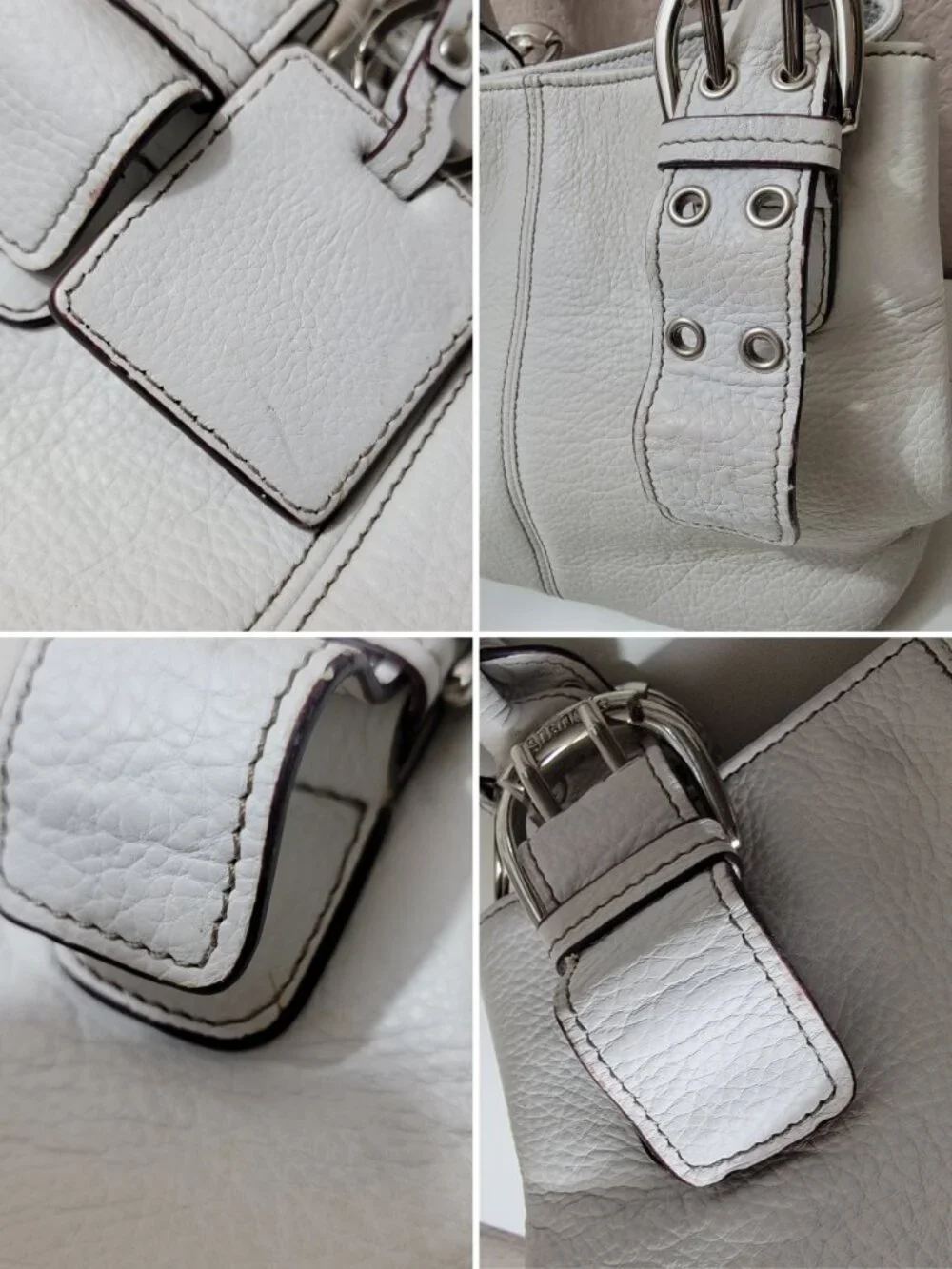 Tignanello White Pebbled Leather Satchel Shoulder Bag Silver Buckle Hardware